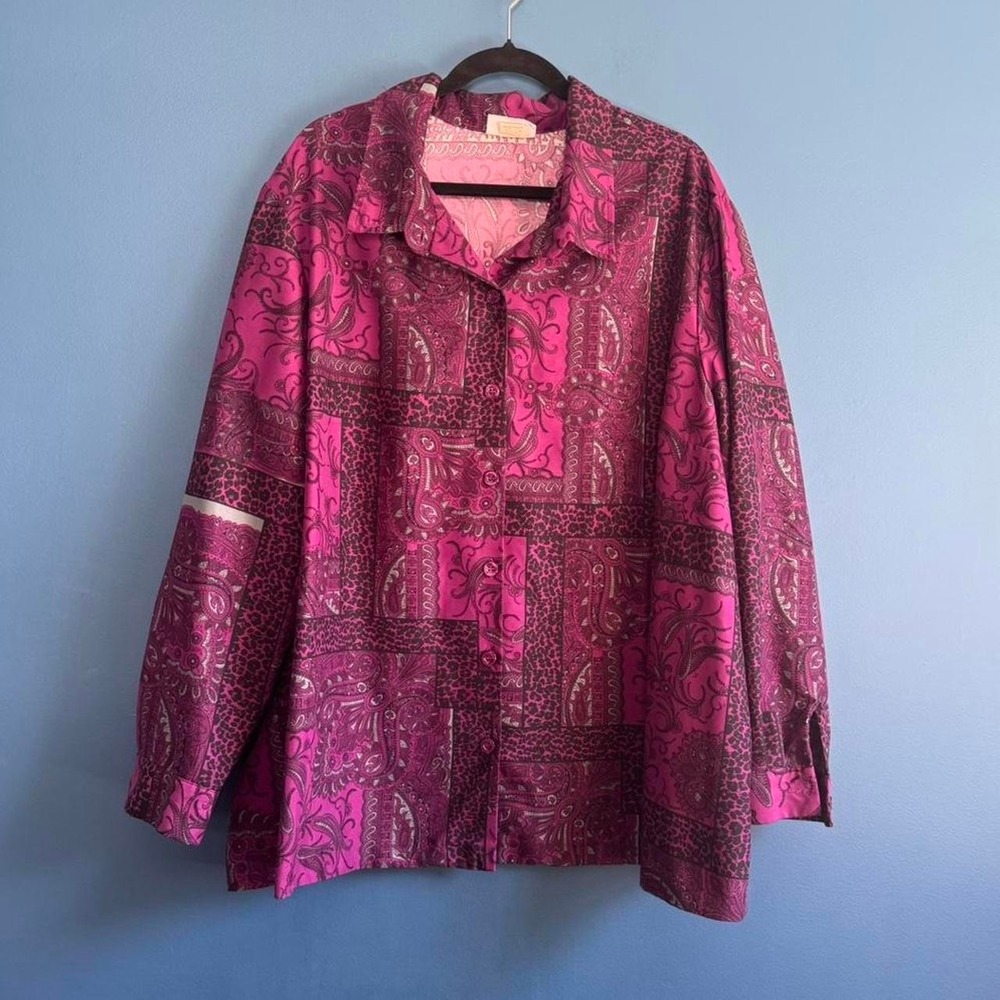 Vintage Patterned Blouse Women's Plus Size 3X Purple Paisley Cheetah Collared
